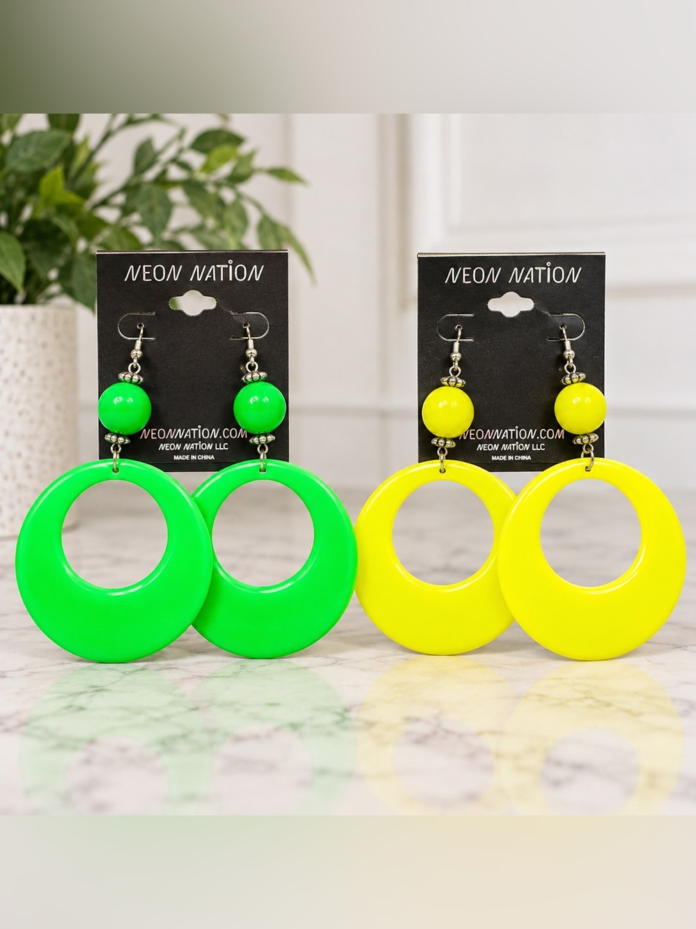 💚💛 Neon Nation Oversized Hoop Earrings 2-Pair Bundle Green & Yellow